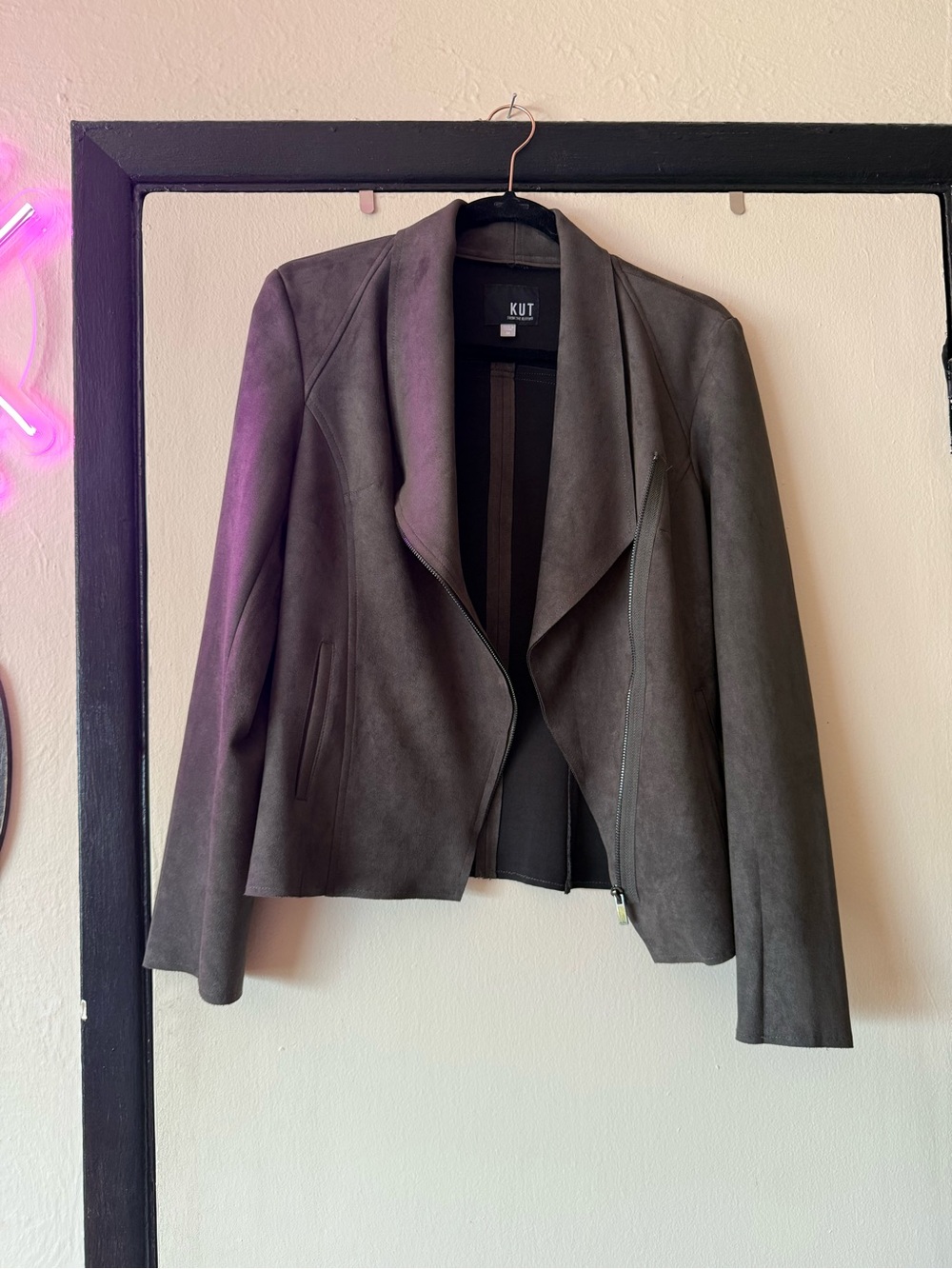 Kut from the Kloth Charcoal Suede-Look Draped Zip Jacket